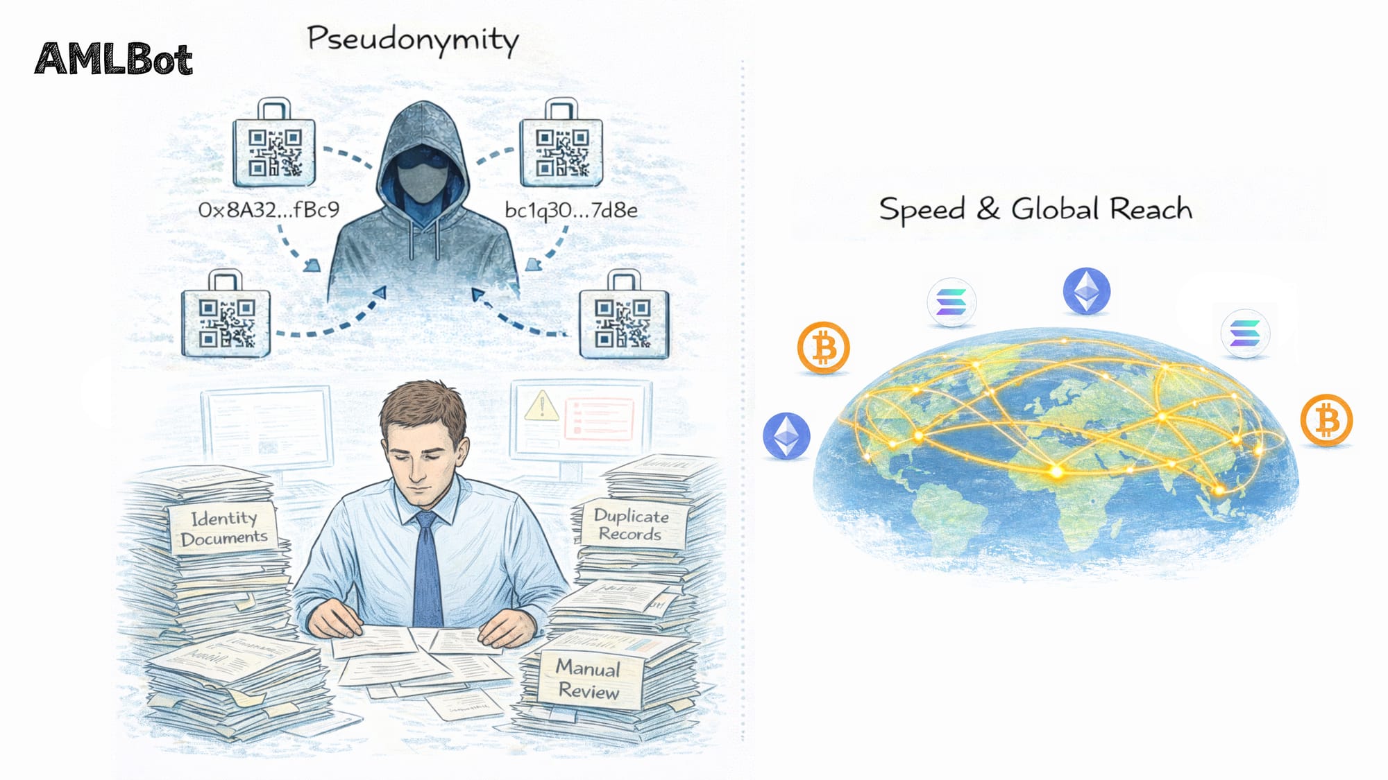 Visualizing crypto compliance challenges: the pseudonymity of blockchain addresses vs. the manual burden of identity verification, and the global reach of digital assets