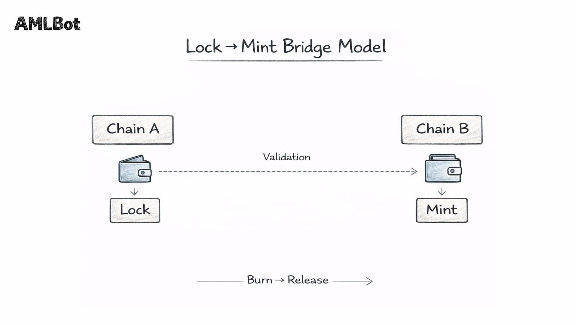 Infographic titled "Lock -> Mint Bridge Model." It shows Chain A locking an asset in a wallet, a central validation step, and Chain B minting the asset. A bottom arrow labels the reverse process as "Burn -> Release."