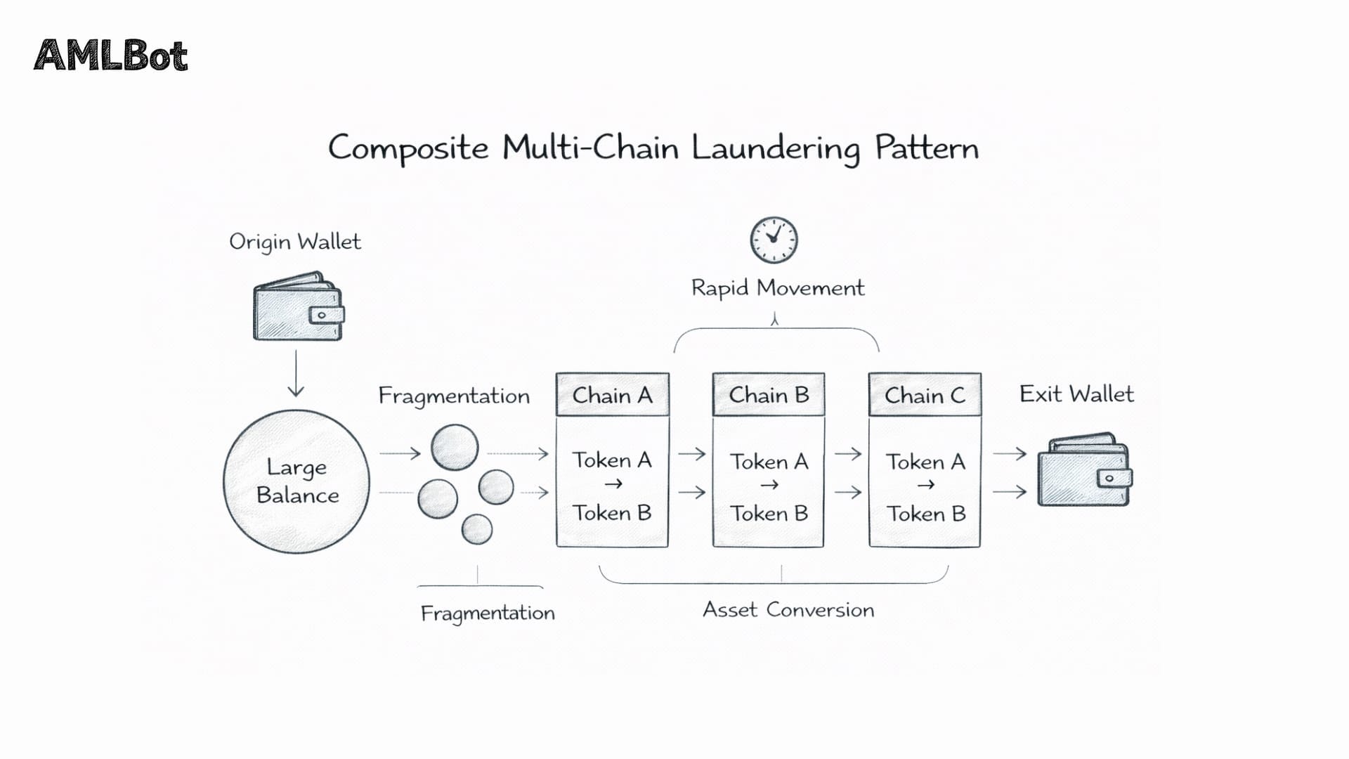 Infographic titled "Composite Multi-Chain Laundering Pattern." It tracks a large balance from an origin wallet through stages of fragmentation, asset conversion (Token A to Token B), and rapid chain hopping (Chain A, B, C) before reaching an exit wallet.