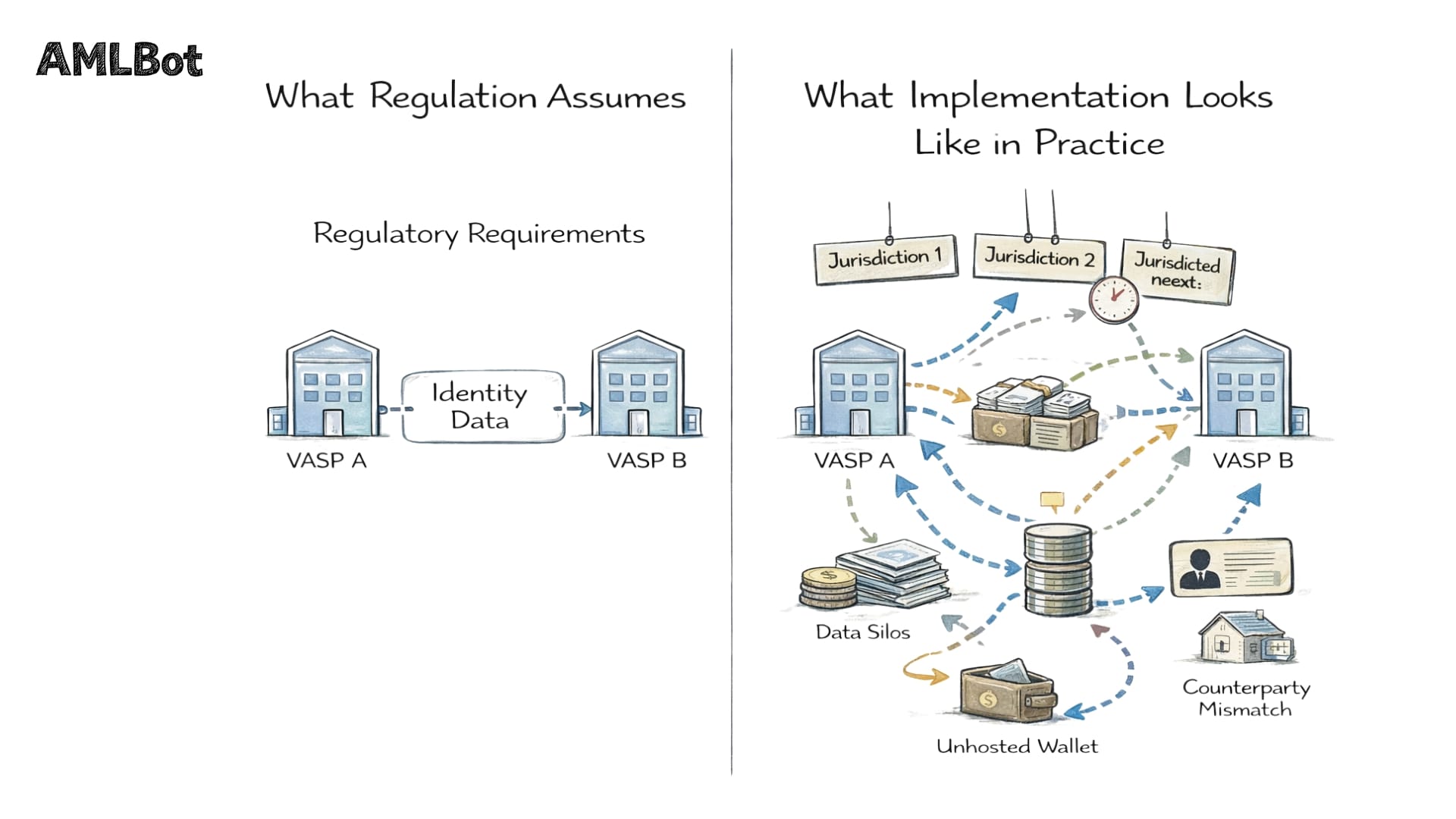 A split-screen diagram titled "What Regulation Assumes" versus "What Implementation Looks Like in Practice." The left side shows a simple, direct exchange of identity data between VASP A and VASP B. The right side depicts a chaotic network of fragmented flows, including unhosted wallet hurdles, jurisdiction-specific delays, and counterparty mismatches.