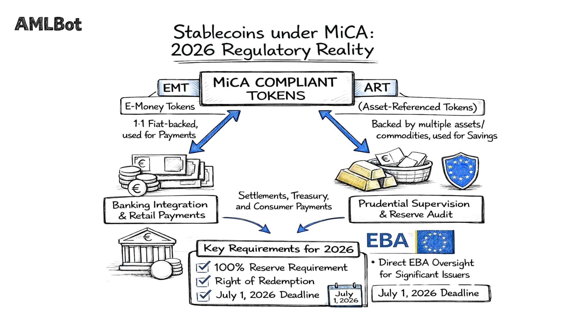 A technical diagram titled "Stablecoins under MiCA: 2026 Regulatory Reality." It illustrates the distinction between E-Money Tokens (EMT) for payments and Asset-Referenced Tokens (ART) for savings. The graphic lists mandatory requirements such as 100% reserve backing and the right of redemption, while highlighting the European Banking Authority's (EBA) role in supervising significant issuers within the EU financial infrastructure