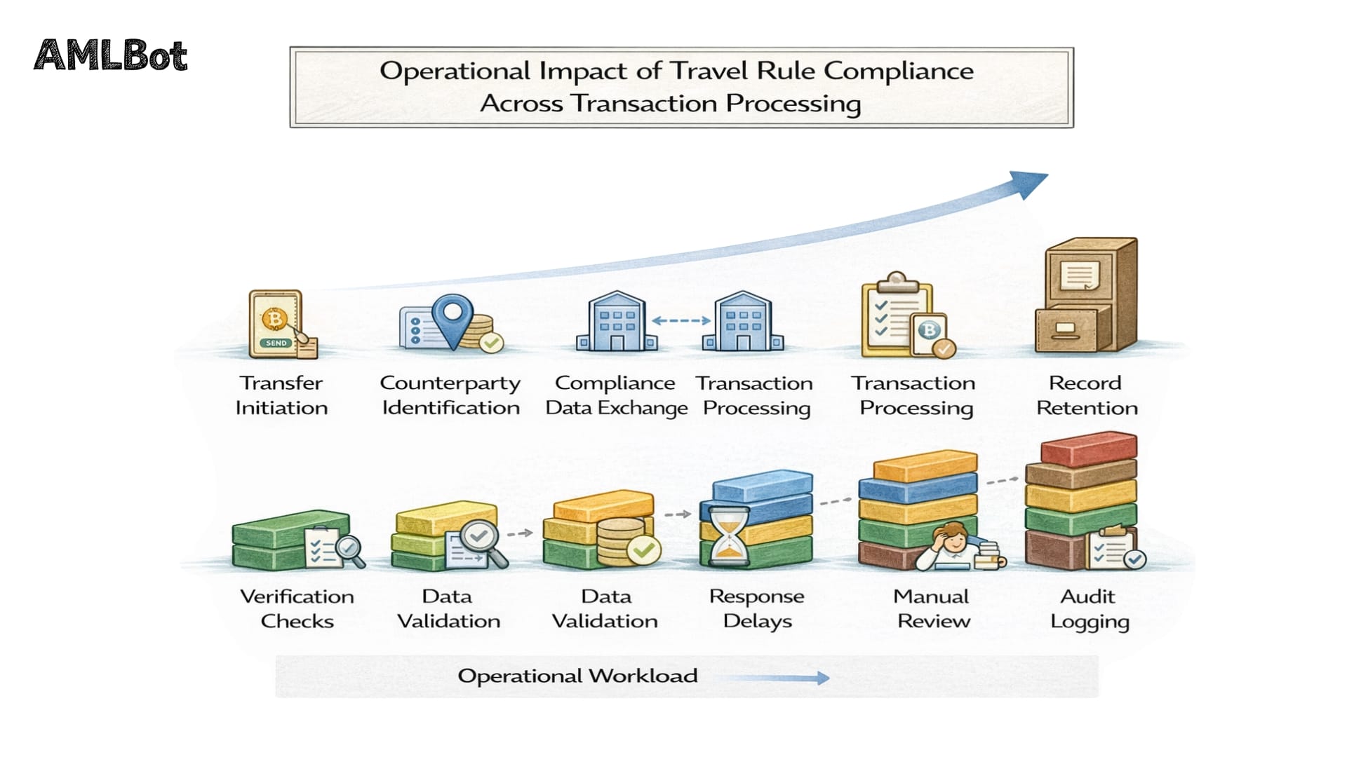 Infographic titled "Operational Impact of Travel Rule Compliance Across Transaction Processing." It shows a horizontal timeline from transfer initiation to record retention. Below the timeline, colored blocks stack higher at each stage to represent the increasing "Operational Workload," including verification checks, data validation, response delays, manual review, and audit logging.